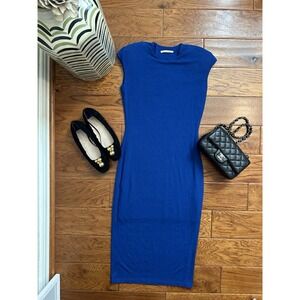 Nadia Tarr Cobalt Sapphire Blue Bodycon Midi Dress Size M Shoulder Pads